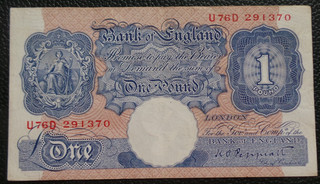 UK Peppiatt A/UNC £1 Note 1940 8. Serial# U76D 291370. Pick# 367a. EPM# B249