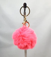 Hot Pink Purse Charm Keychain Key Fob Fluffy Plush Ball Key Ring Pom-Pom