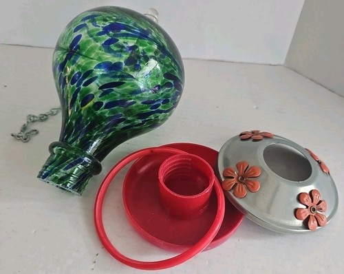 HUMMINGBIRD FEEDER HAND BLOWN GLASS BLUE GREEN SWIRL OUTDOORS GARDEN PREOWNED - Picture 6 of 7