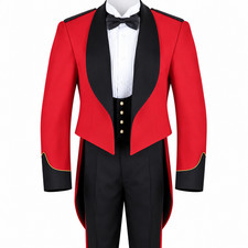 Men's Red Black Tailcoat Tuxedo Jacket Gold Trim Formal Wedding Prom Suit.