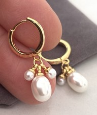 925 Sterling Silver Gold Plated Pearl Drop Hoop Earrings Huggie
