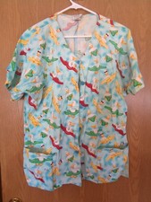 Ladies Scrub Top Size L With Whimsical Print Button Front