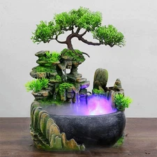 Indoor Water Fountain LED Light Tabletop Resin Rockery Fengshui Waterfall Decor