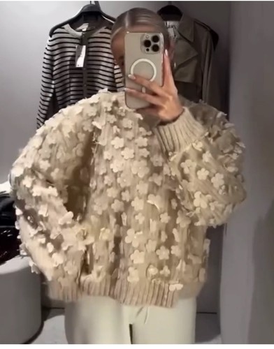 ZARA NEW Combination Knit Floral Sweater Sand Beige 8146/102 Size M - Picture 4 of 8