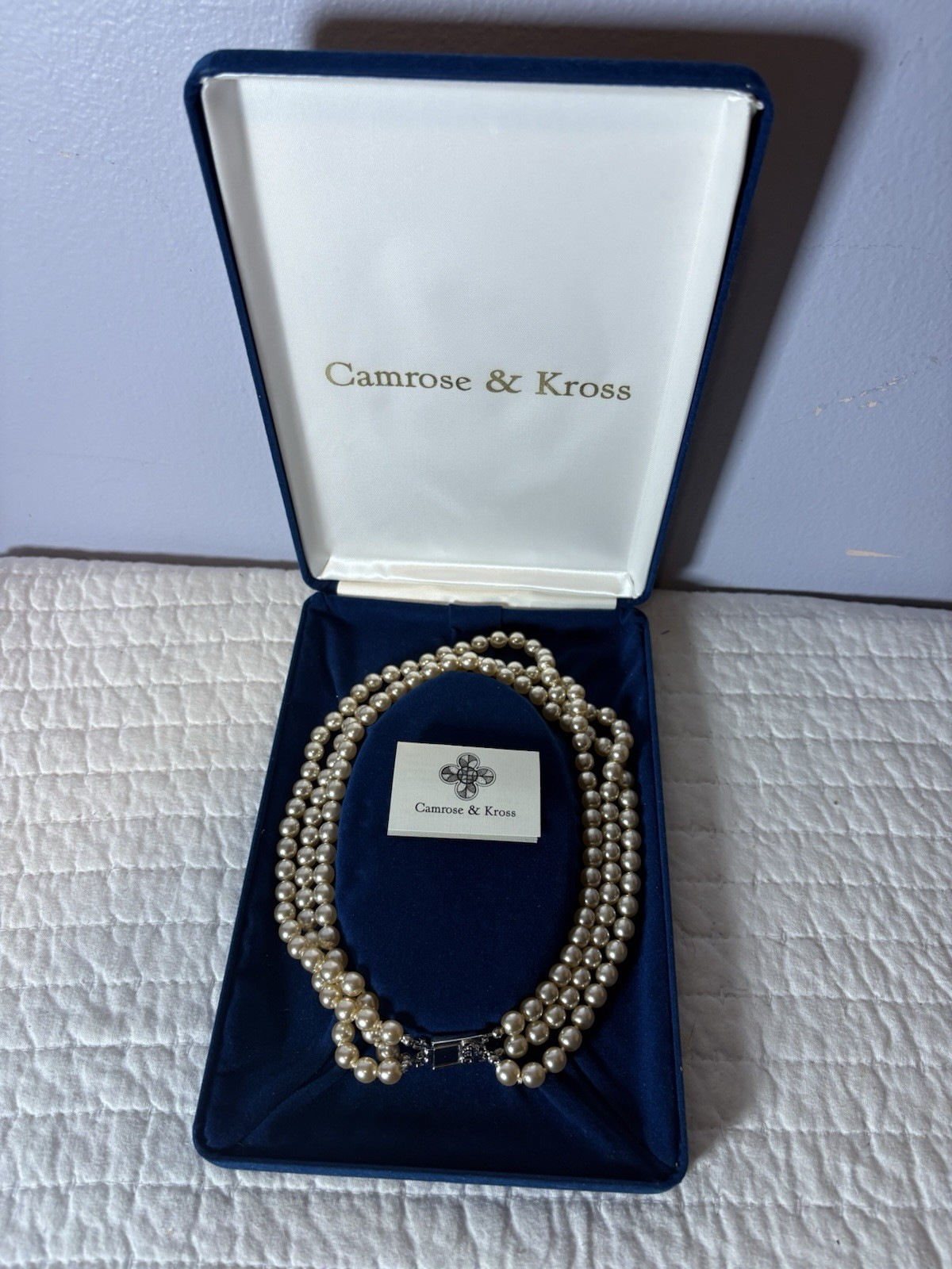 Camrose & Kross Jacqueline Kennedy Triple Strand Glass Pearl Necklace