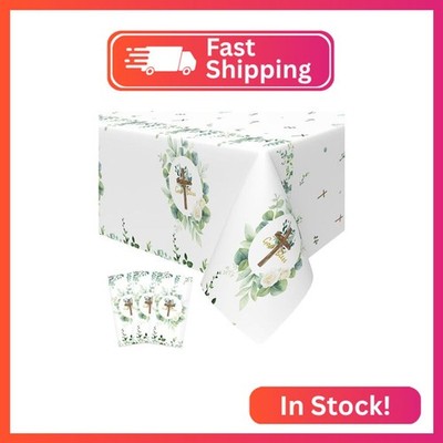 Lianxuia 3Pcs God Bless Baptism Tablecloth, 54 x 108 Inch Eucalyptus Leaf Cross