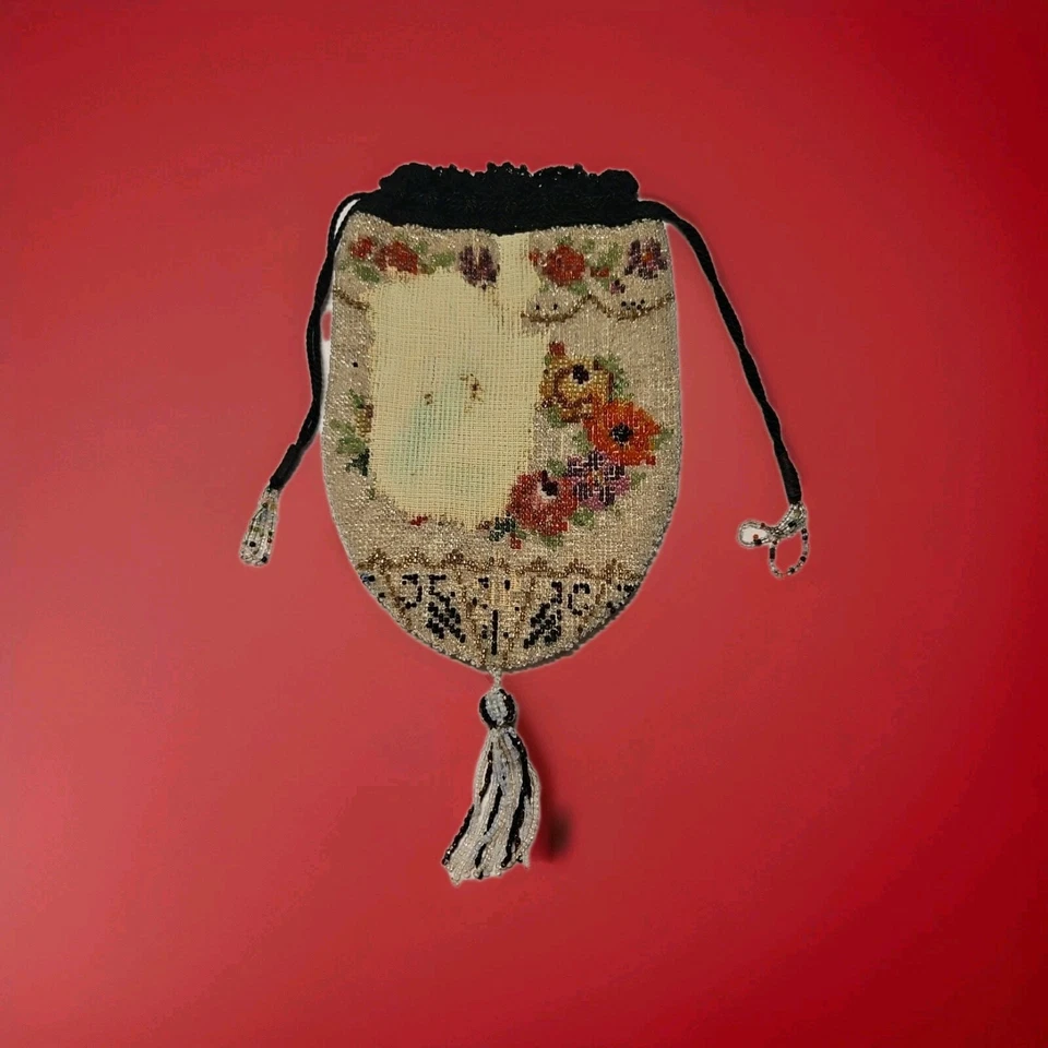ANTIQUE VICTORIAN BEADED HANDMADE PURSE WITH DRAWSTRING ♡ SHABBY - Image 3 of 3
