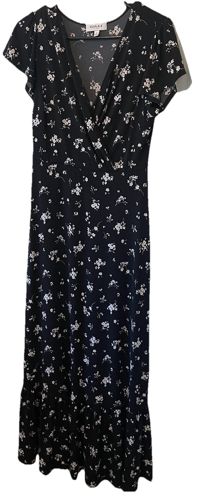 Gilli Floral Maxi Dress M Flutter Sleeve Ruffle Hem Faux Wrap Bohemian