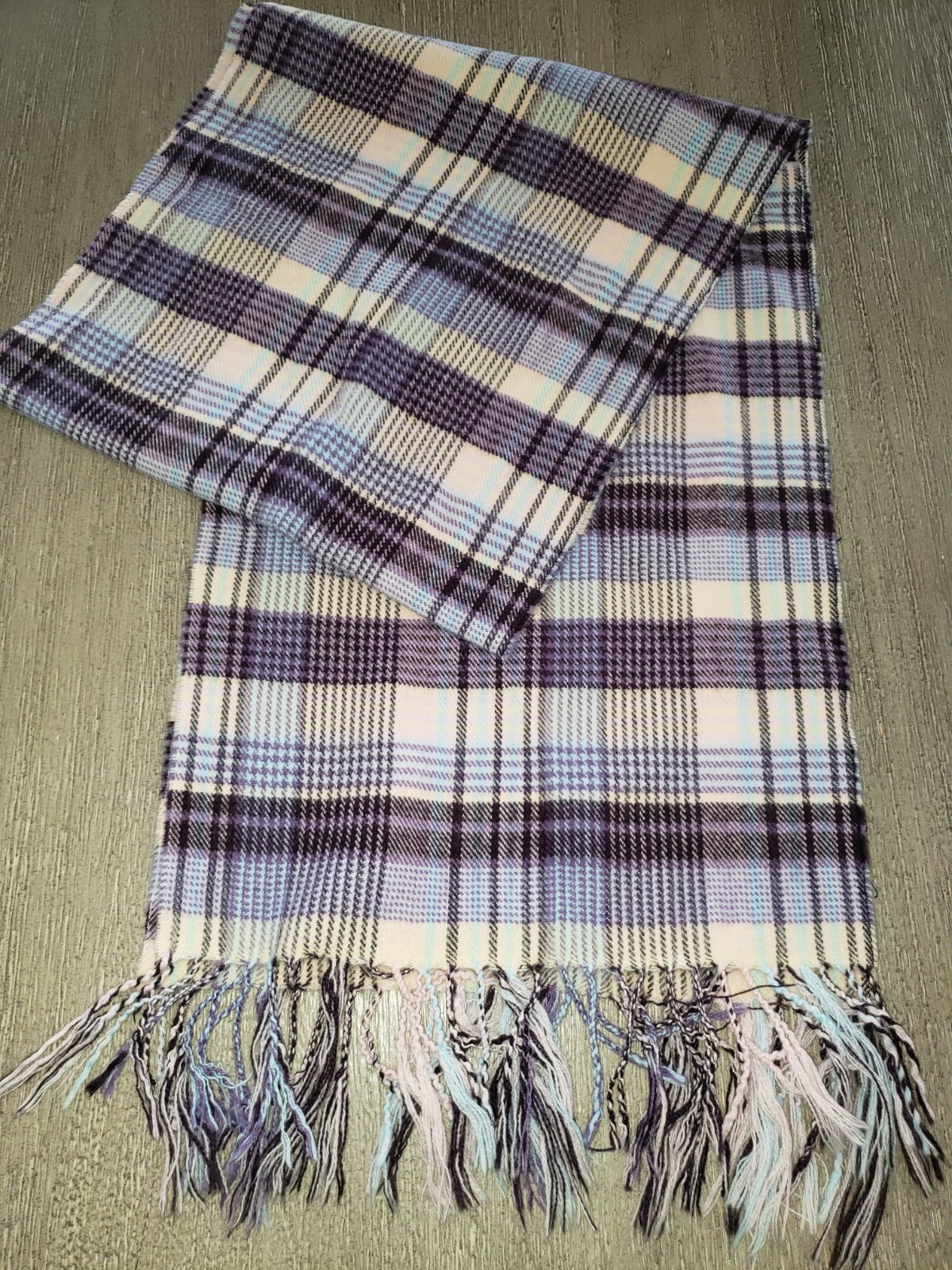 womens PLAID WINTER SCARF purple light pink blue yellow 64 x 12 inch plus fringe