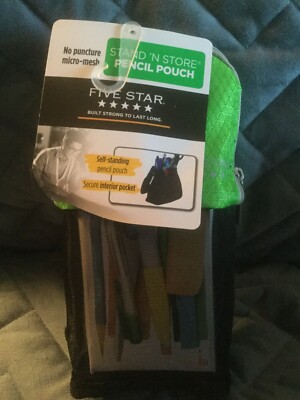 5 STAR STAND N' STORE NO PUNCTURE MICRO MESH PENCIL POUCH GREEN/GRAY - NEW