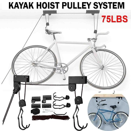 Bike Rack Pully Kayak Hoist Pulley Lift System Garage Ceiling Bike Rack Storage 75LBS ...