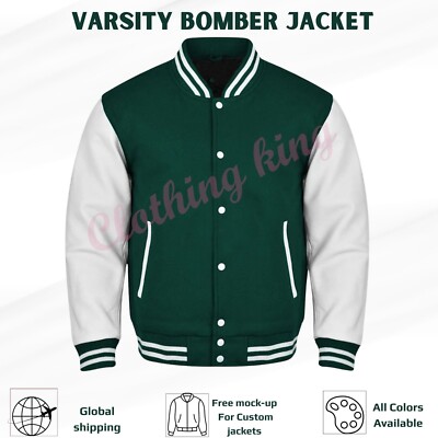Varsity Letterman College Green Wool & Genuine White Leather Sleeve Jacket