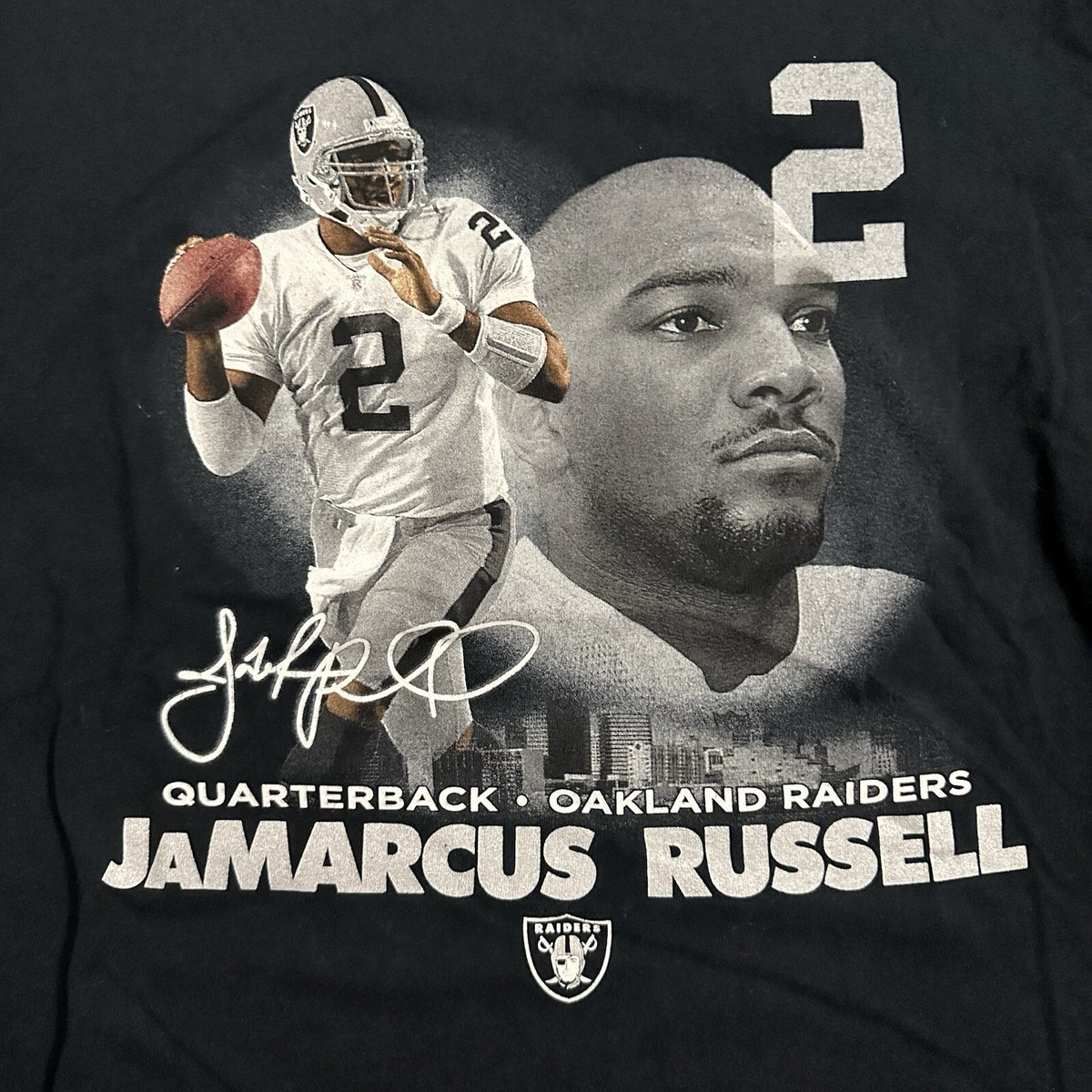 90s VINTAGE RAIDERS RUSSEL プリントTシャツ L Vintage Oakland Raiders Jamarcus Russell NFL Graphic Shirt
