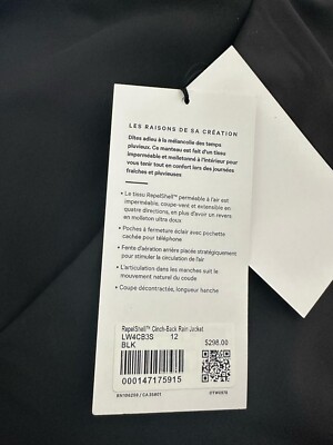 LULULEMON RepelShell Cinch-Back Rain Jacket Black Women's US LULULEMON RepelShell Cinch-Back Rain Jacket Black Women's US