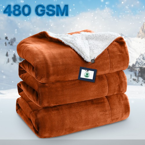 480 GSM Heavy Sherpa Fleece Blanket Soft Warm Sofa Bed Throw Faux Fur Blanket UK - Picture 10 of 132