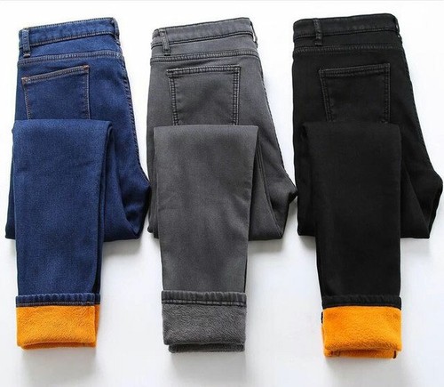 Women's Fleece-Lined Denim Jeans Thick Winter Pants Warm Leggings Trousers - Picture 1 of 15