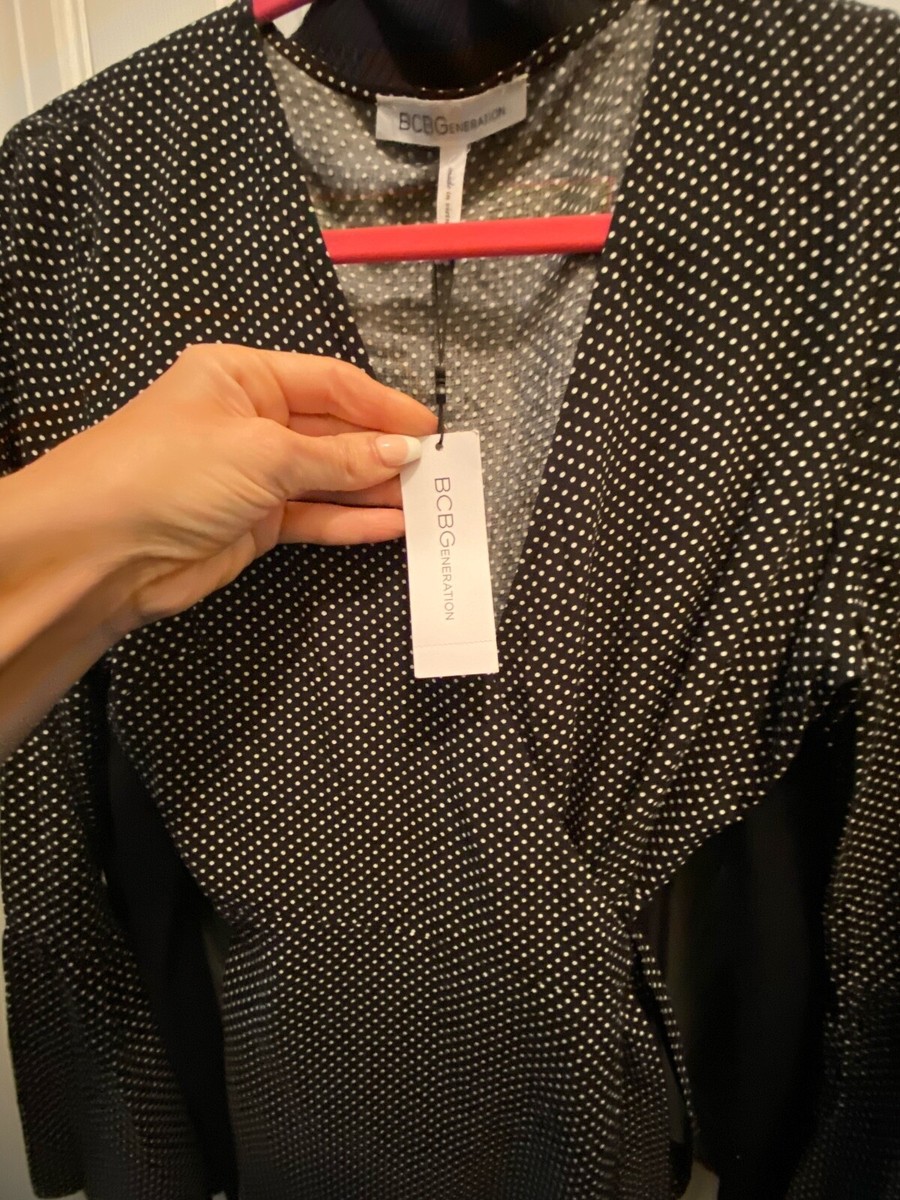 NWT BCBGeneration BLACK & WHITE Polka Dot Long Sleeve True Wrap Dress, M, $108