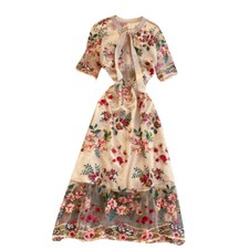 Lady Floral Embroidery Dress Mesh Short Sleeve Midi Sheer Lace Retro Dress Beach