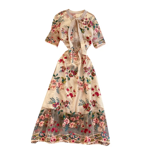 UK Women Floral Embroidery Dress Mesh Short Sleeve Midi Sheer Lace Black Retro - Picture 6 of 16