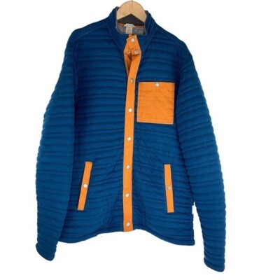 Men's Medium Duluth Flintlock Snap Front Quilted Sweater Jacket Blue and Orange