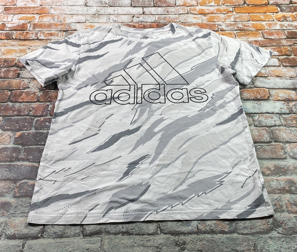 Adidas Shirt Youth Large 14/16 White Gray Camo Athletic Gym Casual Tee Boys