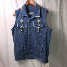 VTG Denim Vest Embellished with Beads Women's Western Granny Cottage Retro NWT