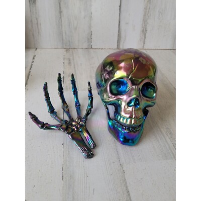 Halloween rainbow iridescent skull skeleton hand set prop decor