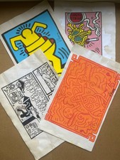 KEITH HARING 4 ITEM PAITING AND DRAWING ON OLD PAPER SIGNED STAMPED-HANDMADE