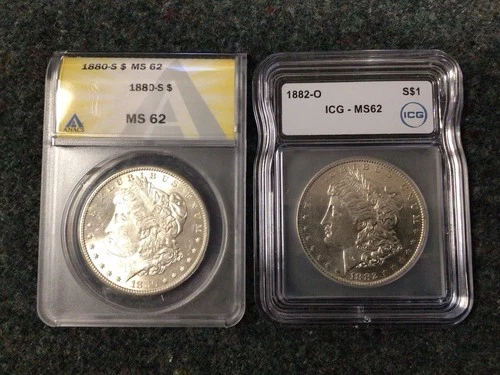Lot of 2 ANACS Graded Morgan Dollars 1880-S MS62 & 1882-O MS62  059
