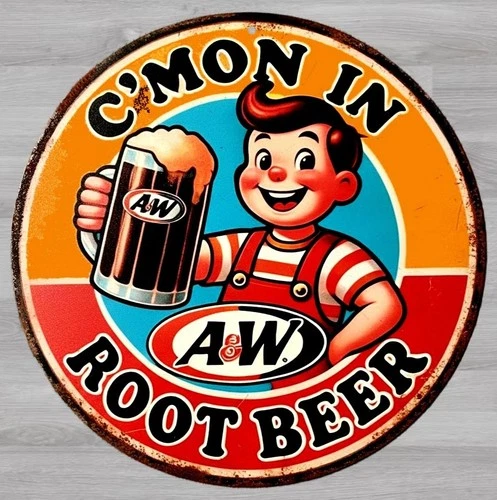 A & W Root Beer 12" Diameter Vintage Novelty Metal Sign Made In USA