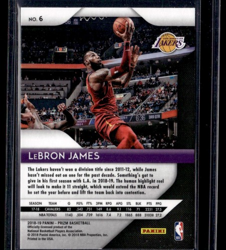 LEBRON JAMES 2018-19 PANINI PRIZM LOS ANGELES LAKERS #6 - Picture 2 of 2