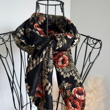 Vintage Black Floral Satin Scarf Bandanna Lightweight Boho Cottage Square