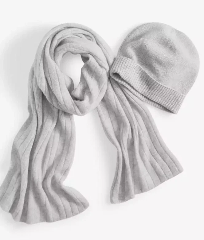 Charter Club womens 100% Cashmere Scarf & Beanie hat set -Ice Grey - retail $188