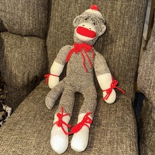 Classic Sock Monkey Plush Handmade Retro Stuffed Animal Toy, 21" tall