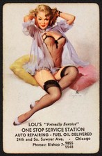Vintage single playing card LOUS FRIENDLY SERVICE STATION Elvgren girl Chicago