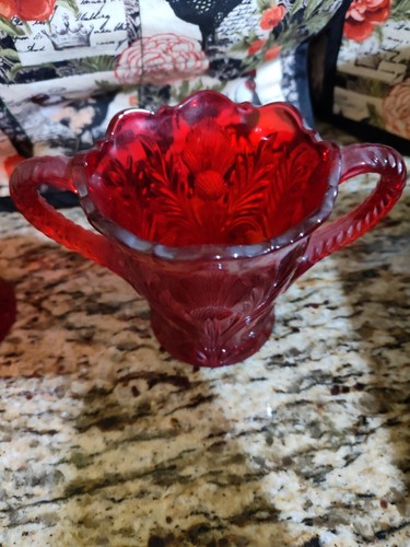 MOSSER GLASS RUBY RED CREAM & SUGAR SET INVERTED THISTLE STYLE VINTAGE - Picture 5 of 9