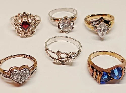 Vintage 6 Mixed Stones Sizes Signatures 925 Sterling Silver Ladies Ring Lot