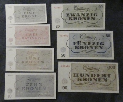Konzentrationlager Theresienstadt Lagergeld 7 Scheine 1 Krone - 100 Kronen NEU