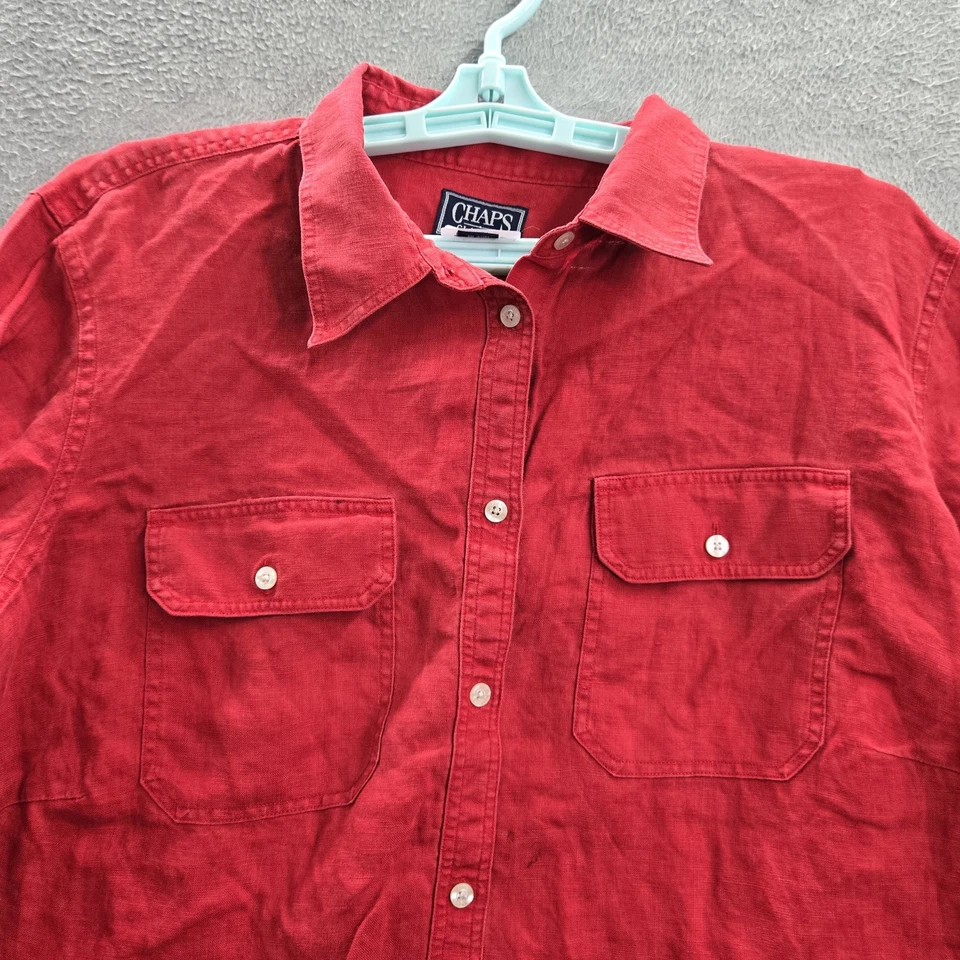 Camisa con botones Chaps para mujer 1X roja 100 % lino manga larga lengüeta enrollable cuello bolsillo Foto 3 de 4
