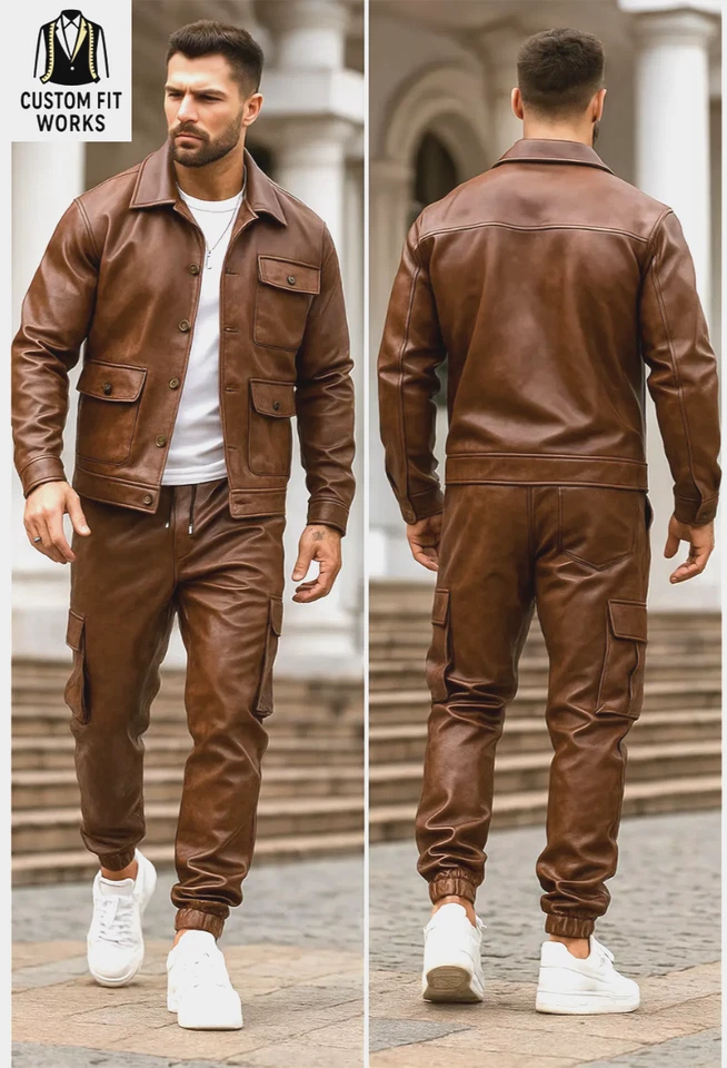 Conjunto de chándal de cuero marrón para hombre chaqueta y pantalones de chándal cargo ropa de gimnasio moda Foto 3 de 4