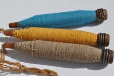 Three ANT./VTG.  Industrial Wood Sewing Bobbins/Quills/Spindles/Spools W/ Thread