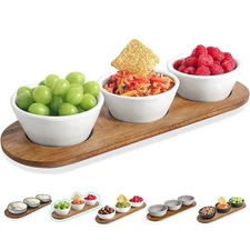 10oz Ultra-fine Porcelain Chips and dip Serving Platter with Acacia Wooden Tr...