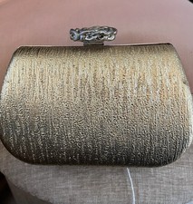 Gold Lame Evening Clutch With Silvertone Floral Clasp Detachable Chain Straps
