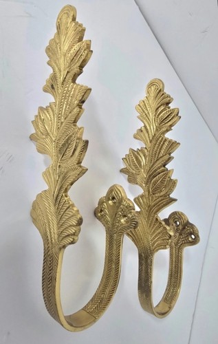 2 Curtain Tie Backs Vtg Solid Brass Drapery Holdback Leaf Floral Feather