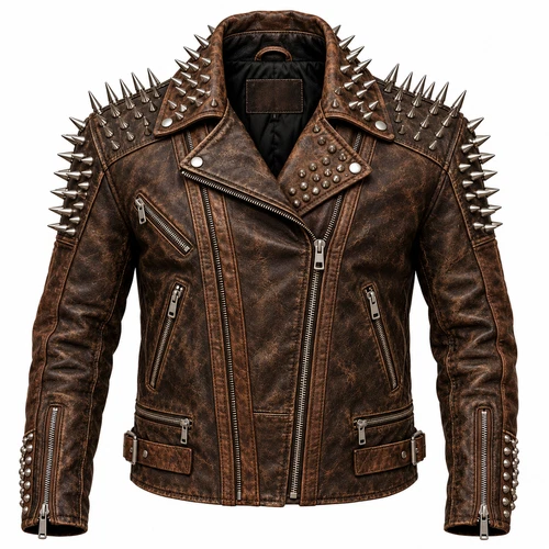 Handmade Distressed Brown Leather Punk Jacket Heavy Metal Spikes Studded Gothic - product listing photo