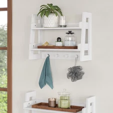 Amery 2-Tier Bathroom Ladder Shelf with Open Storage and Towel Hooks - White