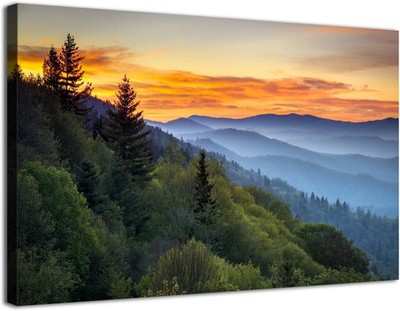 ''Sunrise Smoky Mountain Wall Art - Blue Ridge Forest Canvas 12x16'' Decor''