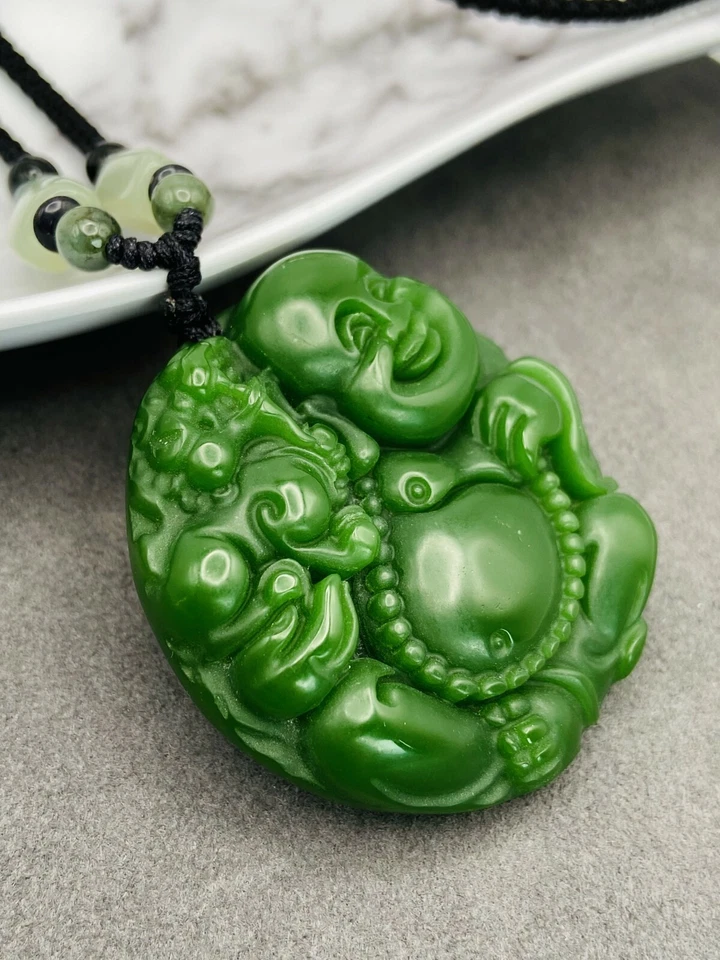 Collar colgante con dije de Buda de jade con cadena de cordón de cuentas hechas a mano piedras preciosas talladas Foto 4 de 4