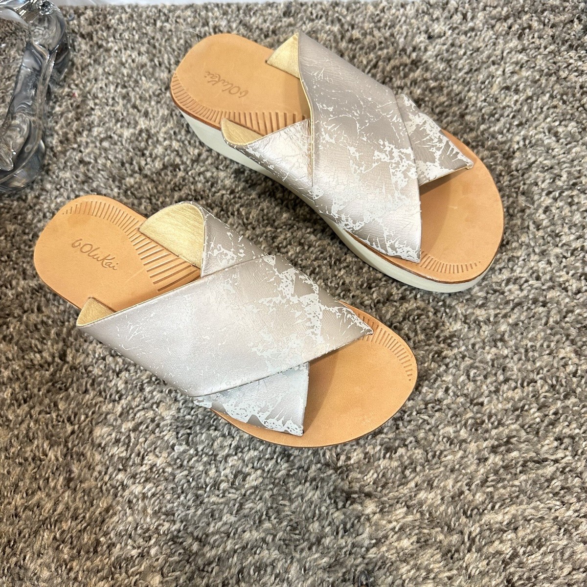 OLUKAI TAN BROWN LEATHER ONOHI WEDGE SLIDE SLIP ON SANDAL SHOE WOMENS SIZE