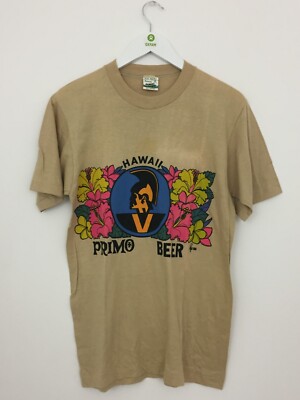 Rare 70s Primo Hawaiian Beer T-Shirt Floral Bouquet By Penneys Hawaii Beige F1
